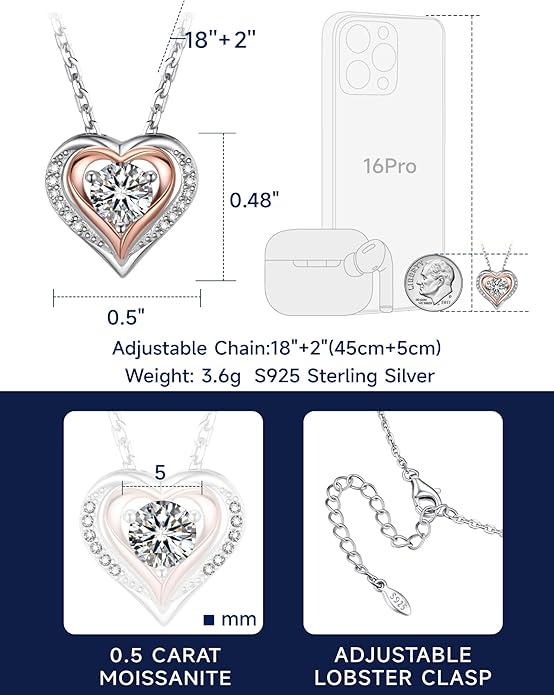MomentWish Heart Necklace for Women Moissanite, Simulated Diamond, 925 Sterling Silver