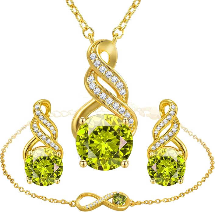 Jewelry Sets for Women-18K Gold Plated Dainty Birthstone Pendant,Trendy Necklace Earrings Infinity Bracelets Set,Ideal Jewelry Gifts for Her Mom