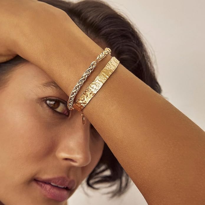 PERNNLA PEARL Dainty Gold Bar Bracelet for Women Simple Delicate Thin Cuff Bangle Hook Bracelet 18K Gold Plated Handmade Minimalist Jewelry