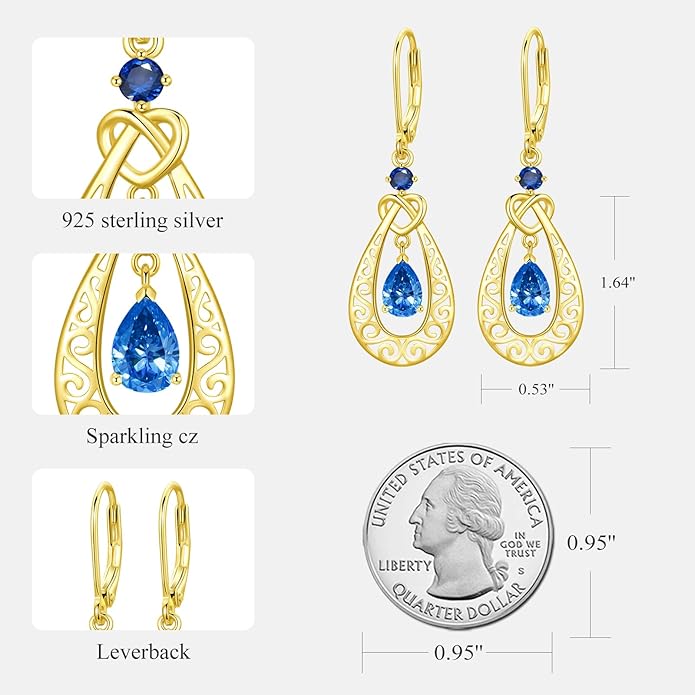 Teardrop Birthstone Dangle Drop Earrings Sterling Silver Infinity Filigree Leverback Earrings, Infinity Love Birthday Anniversary Valentines Day Gifts for Her Women Mom Wife