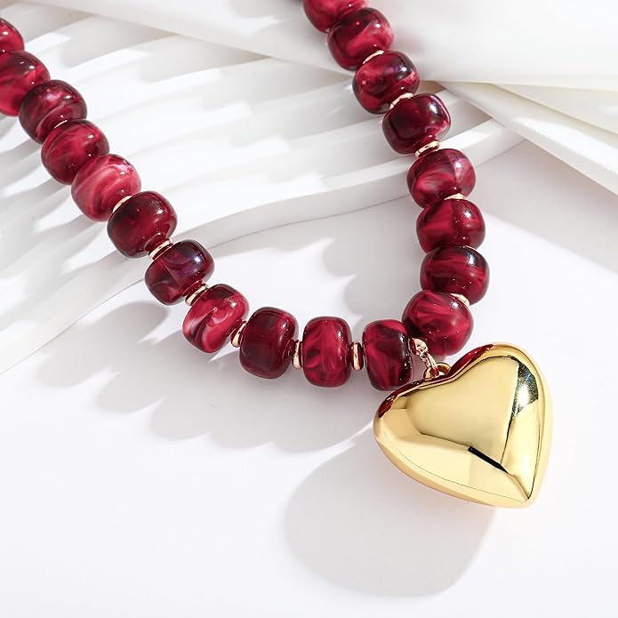 WOWORAMA Chunky Heart Necklaces for Women Colorful Resin Beaded Choker Necklace Gold Puffy Heart Statement Necklace Trendy Acrylic Choker Jewelry