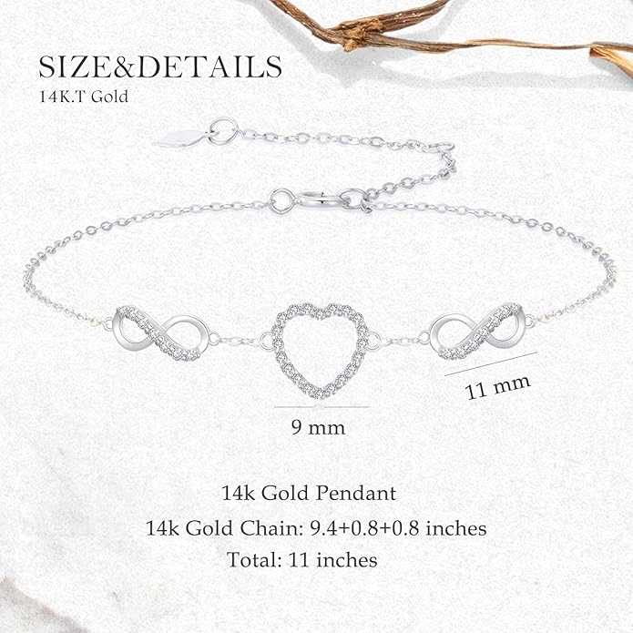 SISGEM 14k White Gold Created Moissanite Infinity Heart Anklet, Ankle Bracelets for Women, 9.4-11 Inch