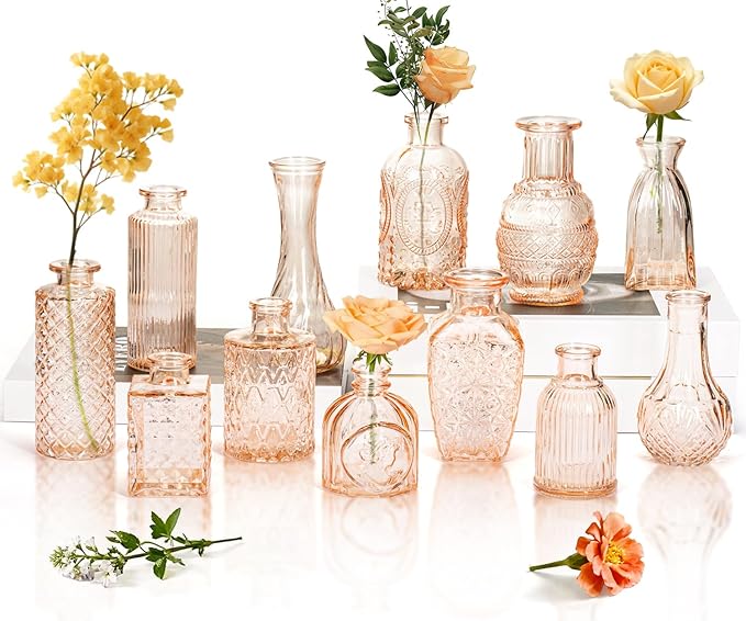 Clear Amber Gold Glass Bud Vase Set of 12 Pcs, Small Bud Vases in Bulk by JXINDUJU
