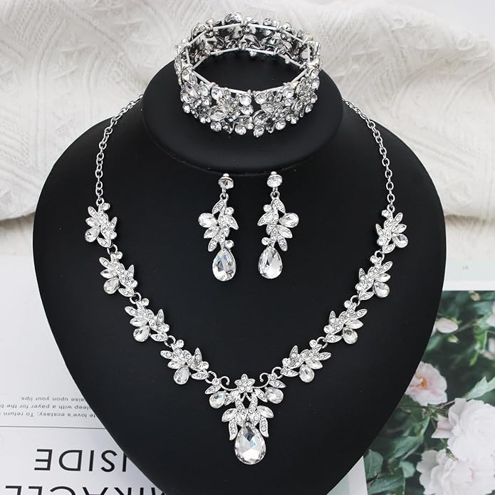 Wedding Leaf Flower Crystal Teardrop Pendant Necklace Dangle Earrings Stretch Bracelet Jewelry Set for Women Bridal Party Prom