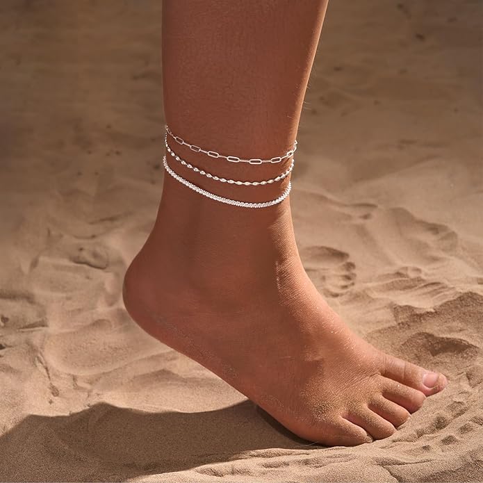 MIDEEO Gold/Silver Ankle Bracelets for Women,14K Gold Anklets for Women Waterproof Cuban Link Heart Beads Herringbone Rhinestone Anklets Set Layered Anklet Bracelets for Women Gold Jewelry Gift