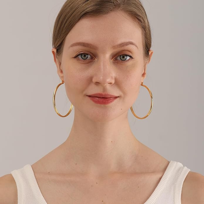 4mm Thick Gold Chunky Earrings Steling Silver Post Hoops Earrings For Women Hollow Tube Hoops Earrings Thick Gold Hoop Earrings Hypoallergenic Lightweight Gold Hoop Large Earrings 20/30/40/50/60MM
