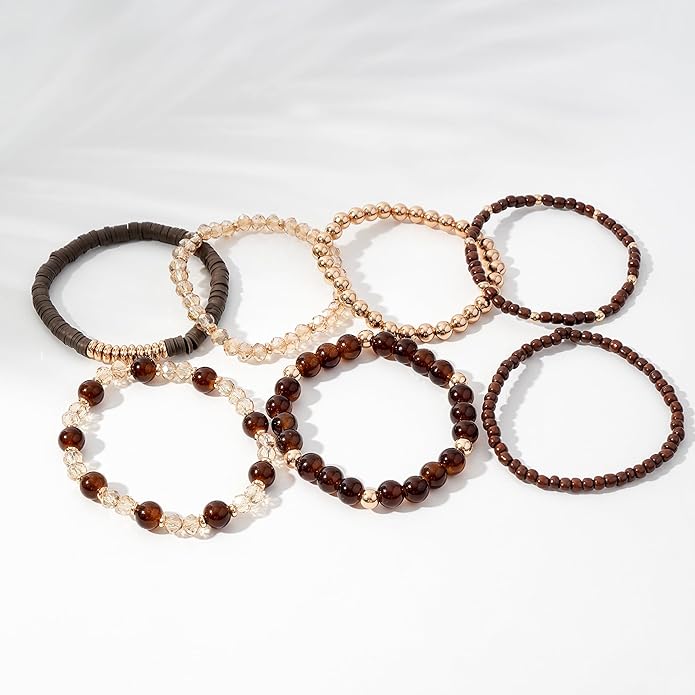 GOOJIDS Surfer Heishi Clay Bead Bracelets for Women Bohemian Stackable Gold Plated Beaded Stretch Bracelets Elastic Layering Friendship Bracelets Set Boho Jewelry