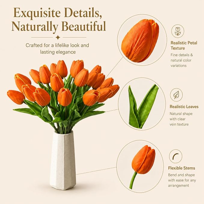 Mandy's 20pcs Artificial Orange Tulips | 13.5 Inch Lifelike PU Tulips Faux - Image 4