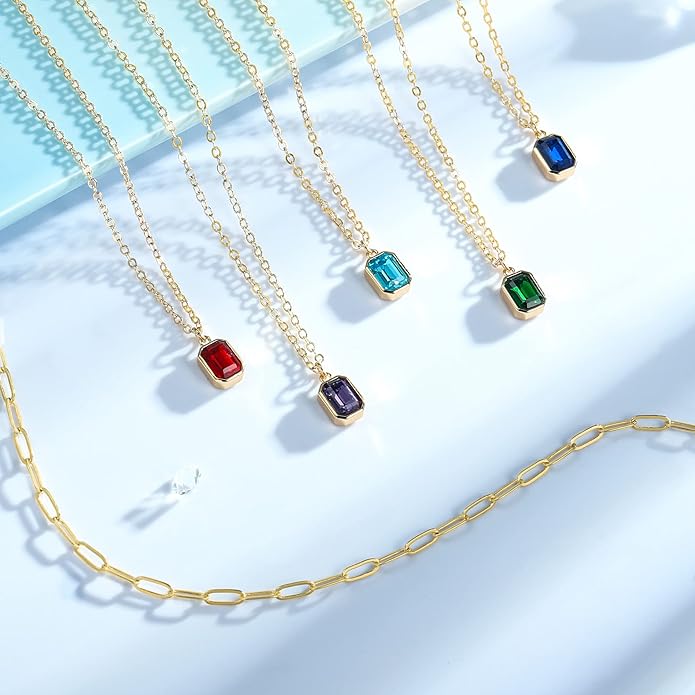 Layered Birthstone Necklace for Women Girls, 14K Gold-Plated Paperclip Chain Choker Necklace with Rectangle Birthstone Pendant Birthday Gifts for Women Girls Dainty Small