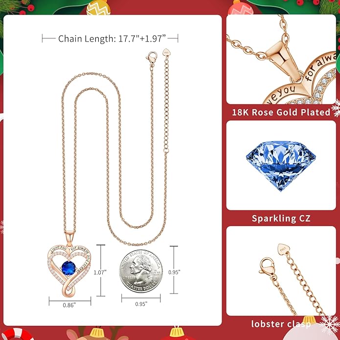 To My Wife Necklace from Husband, Infinity Love Heart Birthstone Necklace with Message Card, Anniversary Birthday Gift for Wife, I Love You Jewelry Gifts for Her, 18K Rose Gold Plated Sterling Silver