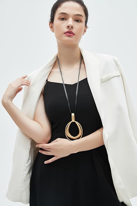 GelConnie Leather Necklace for Women Large Pendant Long Brown Necklace Circle Leather Choker Vintage Sweater Necklace Gold Chunky Boho Necklaces for Women