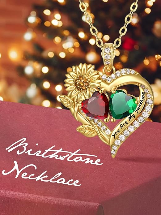 Sunflower Heart Necklace for Women 14K Gold Exquisite Valentines Day Anniversary Birthday Gifts for Wife Mother Her Double Birthstone Pendant Jewelry‘You Are My Sunshine’