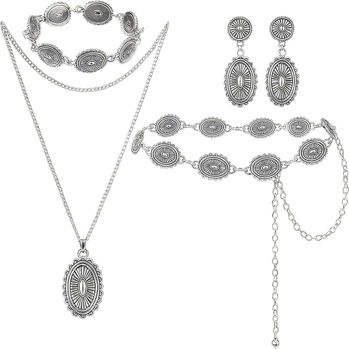 Haysandy 4 Pcs Turquoise Western Jewelry Sets for Women Bohemian Vintage Concho Necklace Classic Dangle Earrings Bracelet Belt