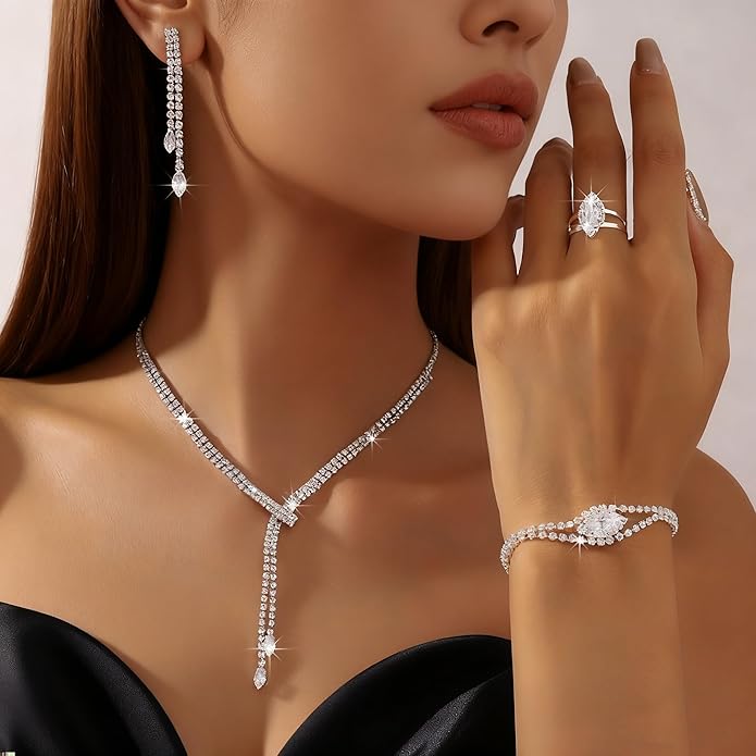 4 Pieces Cubic Zirconia Wedding Jewelry Sets for Bride Rhinestone Bridal Jewelry Set Necklace Bracelet Earring Ring for Brides Bridesmaid for Wedding Party