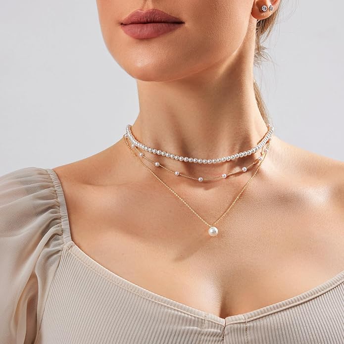 Zeffy Gold Pearl Necklace for Women, Dainty 14K Gold/Silve Plated Layered Pearl Choker Pearl Earrings Pearl Bracelets Wedding Trendy Gold Jewelry Set for Women Gifts