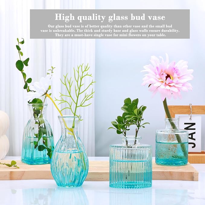 Glass Bud Vases Set of 4, Small Blue Flower Vases - Image 4
