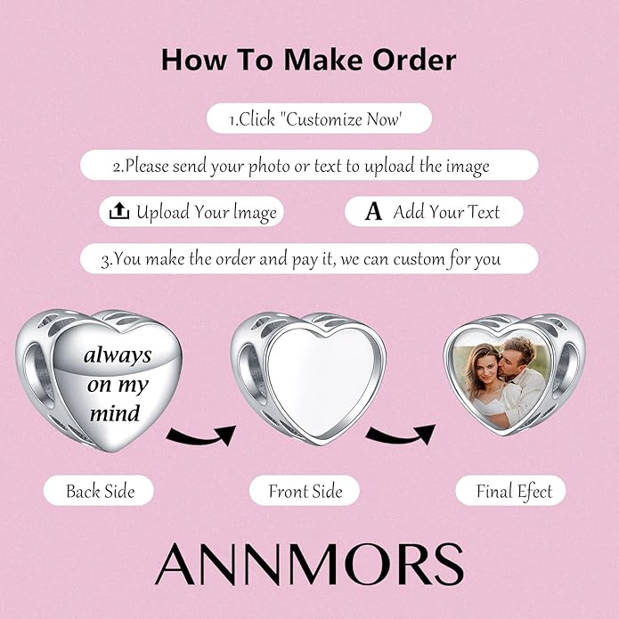 Annmors Personalized Photo Charms For Bracelets/Necklace 925 Sterling Silver Love Heart Shaped Engraved Customize Picture Gift for Birthday Mother's Day,Bead Charms Jewelry for Women