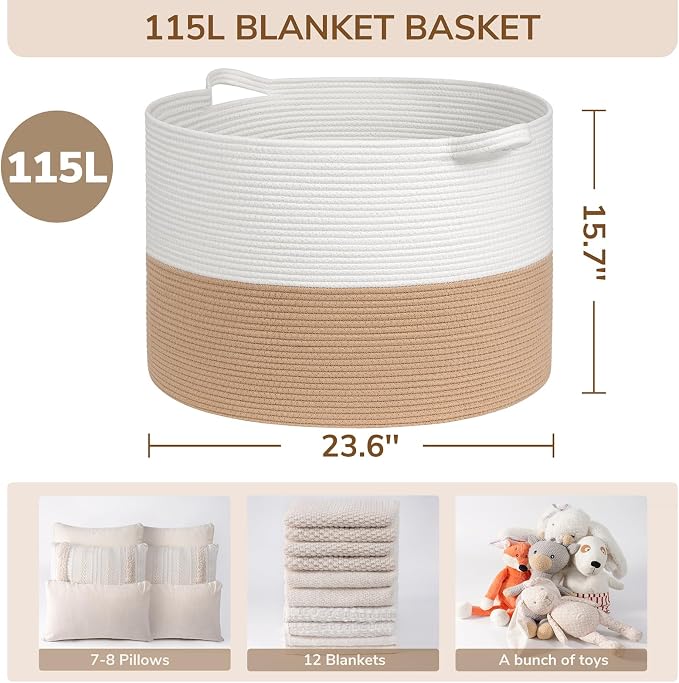 INDRESSME 115L Extra Large Woven Rope Blanket Basket Living Room | 23.6" x - Image 2