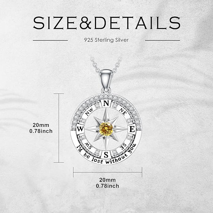 Compass Birthstone Necklace Gift for 2025 Graduation 925 Sterling Silver Compass ‘I'd be Lost Without You’ Pendant Necklaces Jewelry for Women Her Wife Gift for Birthday Anniversary