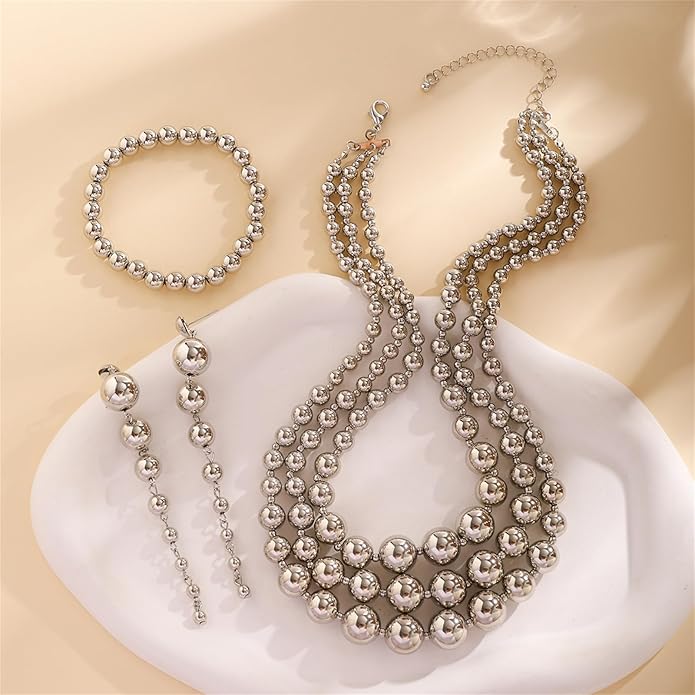 YBMYCM Gold-plated Beaded Jewelry Set Chunky Multi Strands Choker Necklace Bracelet Earrings Set for Women