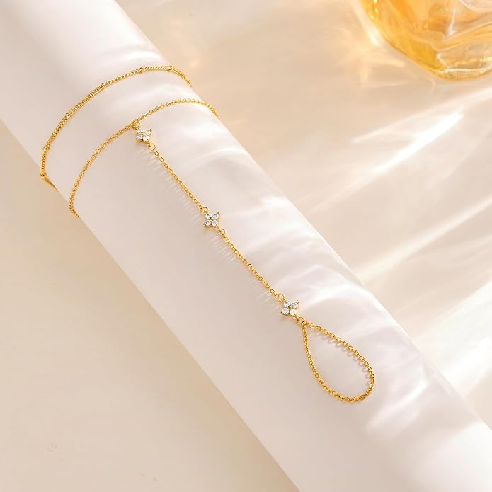 CHESKY 14K Gold Plated Hand Chain Bracelets for Women Set - Dainty Finger Ring Bracelet Stack Adjustable Hand Chains Durable Beaded Bracelets Trendy Simple Body Jewelry Gift for Women