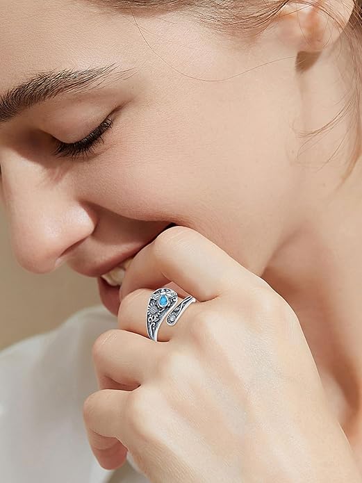 JKR Turquoise Spoon Rings for Women Sterling Silver Vintage Antique Thumb Ring Boho Jewelry Anniversary Birthday Gift for Wife Her Mom