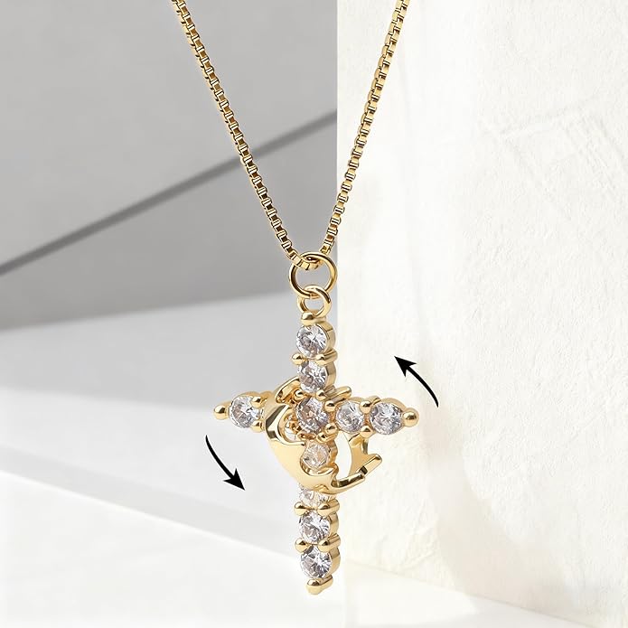 Crown Cross Necklace for Women, 14K Gold Silver Cubic Zirconia Crown Cross Necklace, Diamond Gold Silver Cross Necklaces, Dainty Cross Faith Simple Trendy Charm Jewelry Gift for Women