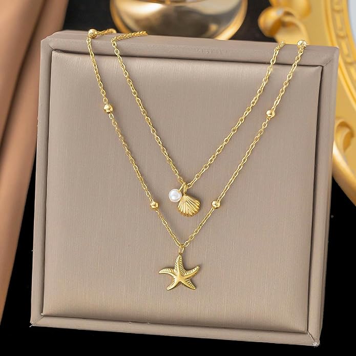 Gold Sea Shell Necklace Layered Charm Necklace for Women Boho Summer Seashell Beach Starfish Necklaces 14k Pearl Chain Surfer Jewelry Beach Vacation Essentials