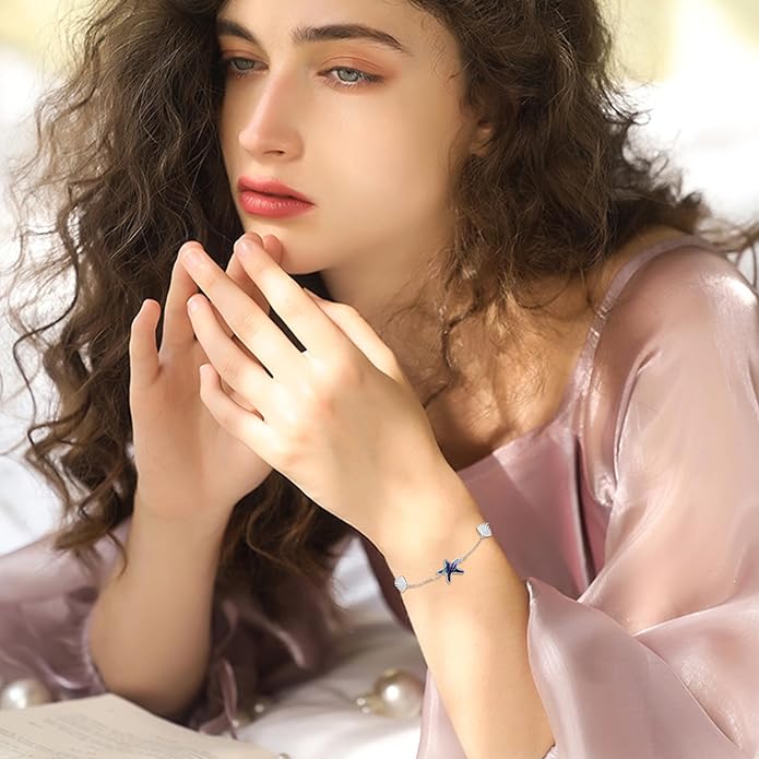 Cuoka Abalone Starfish Bracelet for Women S925 Silver Plated Adjustable Shell Sea Beach Ocean Bracelet Summer Beach Jewelry