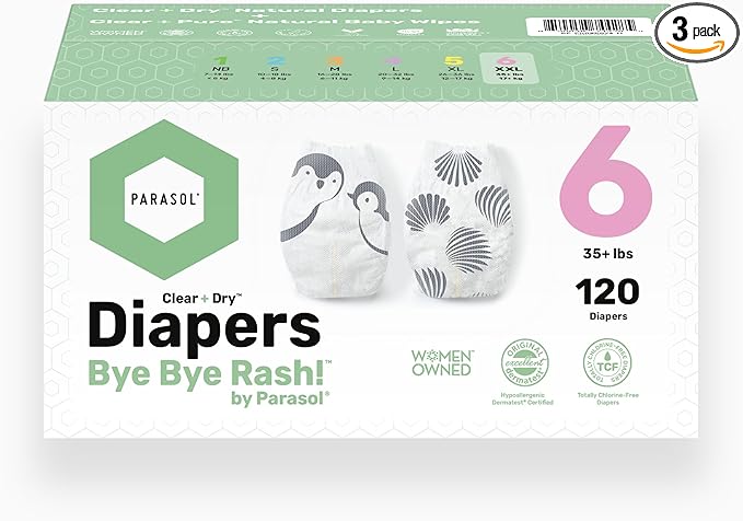 Parasol Clear+Dry Disposable Diapers and Clear+Pure Wipes, RashShield Protection, Size 6 (35 lbs and Up), Diaper Bundle of 120 Diapers & 240 Wipes