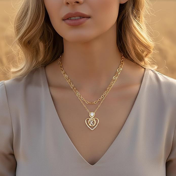 Heart Letter Necklaces for Women 14K Gold Plated Cubic Zirconia Heart Initial Layered Necklace Infinity Pendant Necklace Letter Initial Jewelry for Women