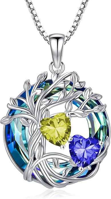 TOUPOP s925 Sterling Silver Family Celtic Tree of Life Pendant Necklaces with 2 Heart Birthstone with Blue Austrian Crystal Jewelry Birthday Valentines Day Gifts for Her, Anniversary Christmas Gifts for Wife Girlfriend Mom (18K Real White Gold Filled)