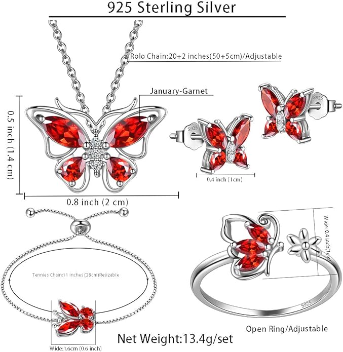 925 Sterling Silver Birthstone Butterfly Jewelry Women Crystal Animal Cute Butterflies Birthday Necklace/Earring/Ring/Bracelet Sets Birth Stone Statement Anniversary Jewellery