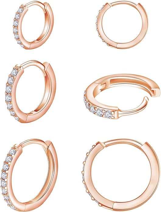 925 Sterling Silver Small Hoop Earrings Cubic Zirconia Huggie Hoop Earrings, 3 Pairs 14K White Gold Plated Cartilage Piercing Earrings Ear Cuff Tiny Hoop Earrings for Women Men