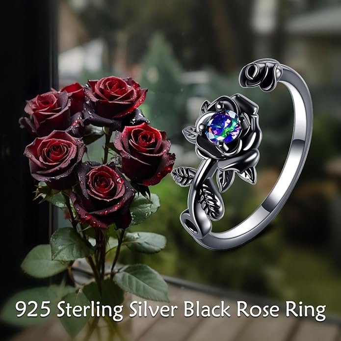 POPLYKE Rose Black Flower Ring For Women Sterling Silver Rings With CZ Jewelry For Women Promise Ring Adjustable Open Ring