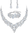 BriLove Wedding Bridal Jewelery for Women Austrian Crystal Teardrop Cluster Statement Necklace Dangle Earrings Link Bracelet Set
