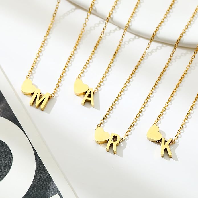 Initial Necklace for Women 18K Gold Plated Stainless Steel Tiny Heart Letter Necklace Personalized Name Necklace
