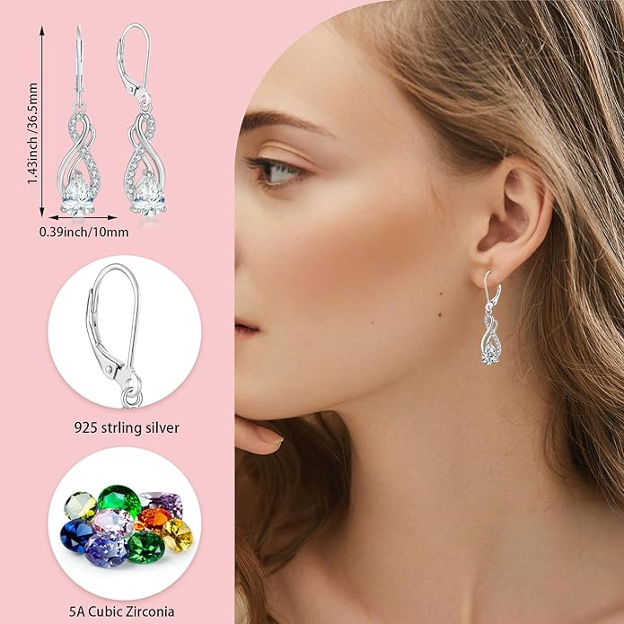 Infinity Love Birthstone Earrings for Women 925 Strling Silver 5A Cubic Zirconia Dangle Drop Leveback Earrings Jewelry Birthday Christmas Day Gifts for Her