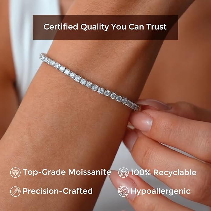 5.1CT/5.5CT Moissanite Tennis Bracelet for Women, 3mm White Gold Plated S925 Sterling Silver D Color VVS1 Round Cut Moissanite Bracelets Jewelry Gift, Size 6.5Inch/7Inch