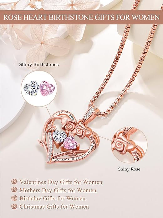 Rose Heart Necklaces for Women, Rose Gold Forever Love Jewelry with 2 Birthstones Pendant,Valentines Anniversarry Birthday Gifts for Her Wife Mom Grandma Daughter, 18+2 Inch Chain