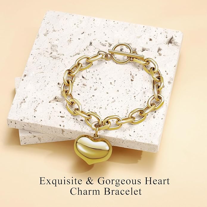 Emibele Heart Charm Bracelet for Women, Bible Verse Bracelet Stainless Steel 18K Gold Plated Bracelet Love Pendant Link Chain OT Clasp, Birthday Christmas Jewelry Gift for Mother Her