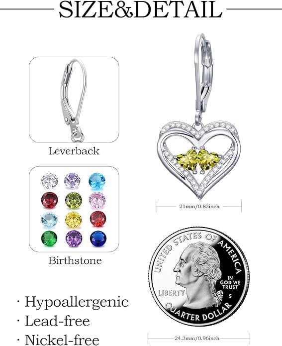 Valentines Day Gifts for Women, Heart Leverback Earrings Double Birthstone Dangle Earrings for Women, Love Jewelry for Her, Anniversary Birthday Gift for Mom Wife Girlfriend