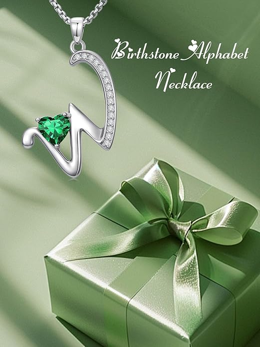 Valentines Day Gifts for Women Alphabet A to Z Initial Birthstone Pendant Necklaces for Women - 18k White Gold Plated Personalized Name Jewelry Valentine Mothers Day Birthday Gifts for Women Her Girlfriend