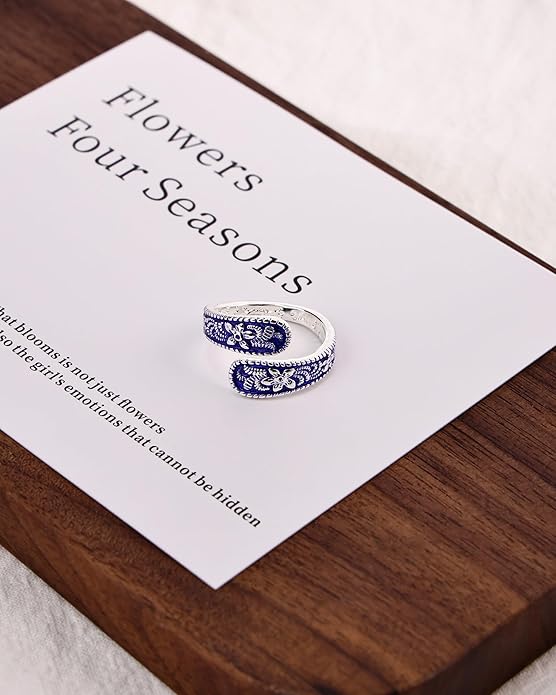 Vintage 14K Gold Plated and Silver Spoon Ring – Adjustable Ring with Carving Design for Women, Unique Boho Open Ring for Gift