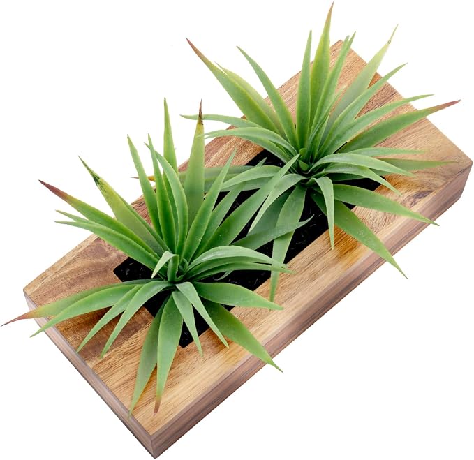 MyGift 10 Inch Artificial Grass Plant in Acacia Wood Planter, Faux Greenery | - Image 5