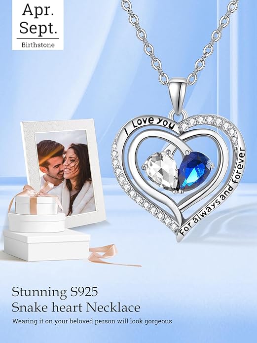 Valentine's Day Gifts for Wife 925 Sterling Silver Double Birthstone Pendant Necklaces I Love You for Always and Forever Necklace Anniversary Birthday Gifts for Wife Girlfriend Mom Her