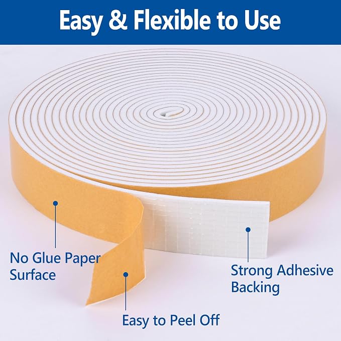 Kikerike Self Adhesive Foam Tape Weatherstrip 1/2in x 1/8in x 26Ft High Density - Image 3
