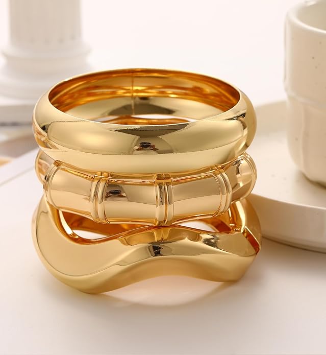 Chunky Gold Bangle Bracelets for Women, 14k Gold Plated Dainty Cuff Stackable Bangles Set, Trendy Bracelet Stack Fashion Jewelry Gifts