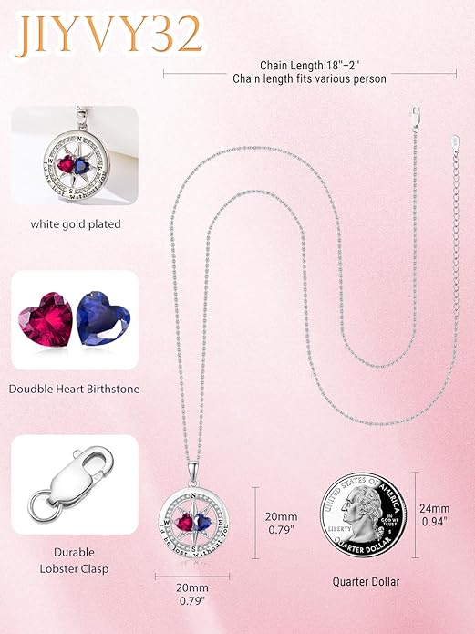 Compass Necklace for Women, Exquisite S925 Valentines Day Anniversary Birthday Gifts for Wife Her Double Birthstone Pendant Jewelry ‘I'd be Lost Without You’