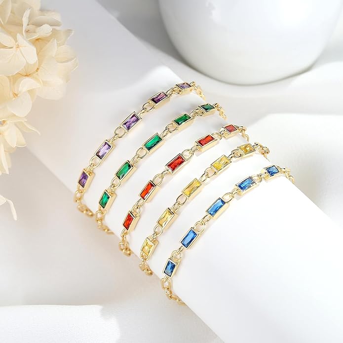 Gold Birthstone Bracelet for Women, 18K Gold Plated Layered Jewelry Bracelet Set, Womens Dainty Stackable Bracelets Link Paperclip Chain Valentines Day Gift for Wife Her